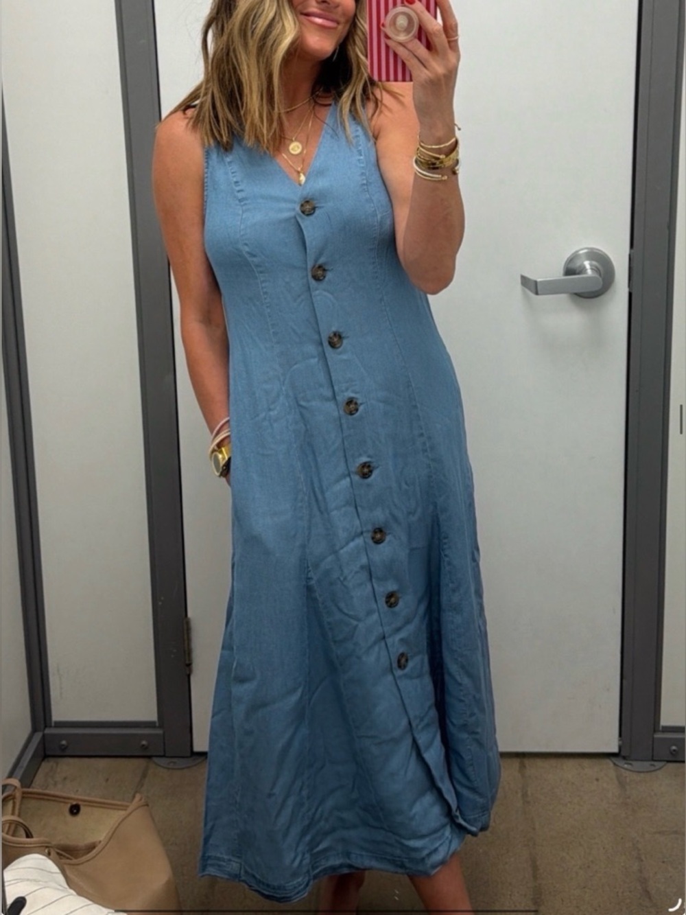 NWOT Time & Tru Sleeveless Chambray Button-Front Midi Dress in Light Blue S 4-6